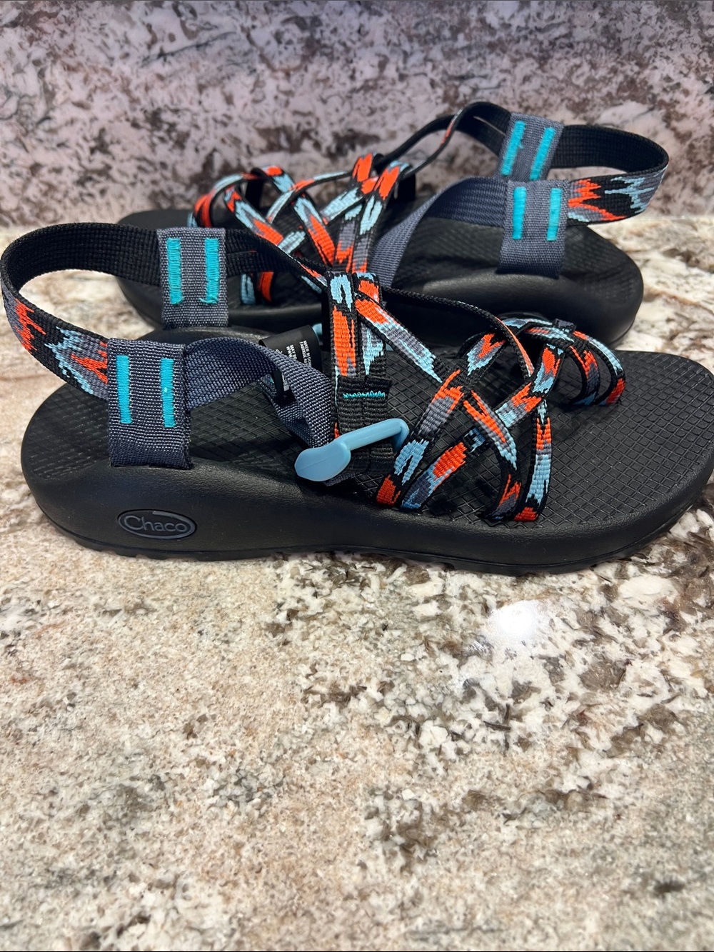 Chaco Black Sandals with Orange & Teal Patterned Straps